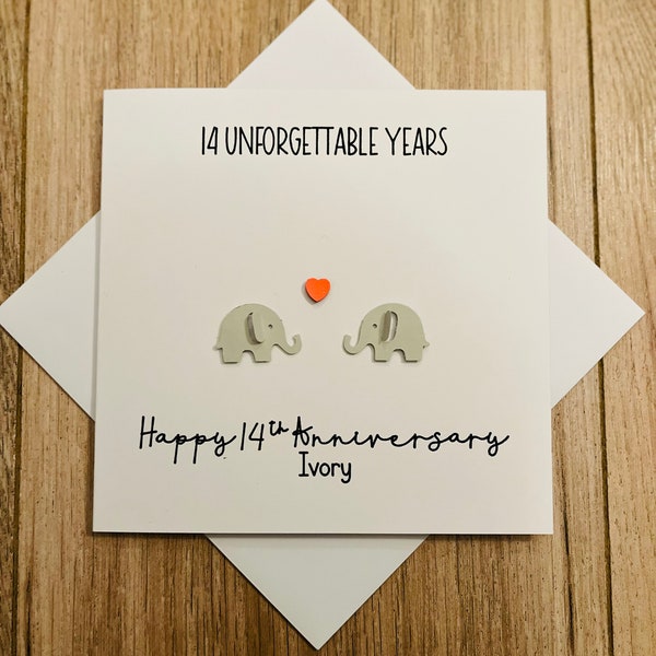 14th Ivory Wedding Anniversary card - Cute Elephant