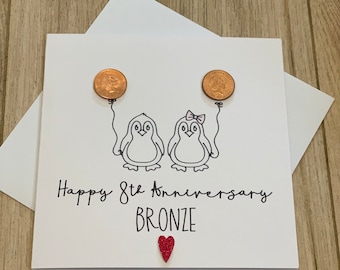 8th eighth Anniversary Card Bronze, Cute penguins