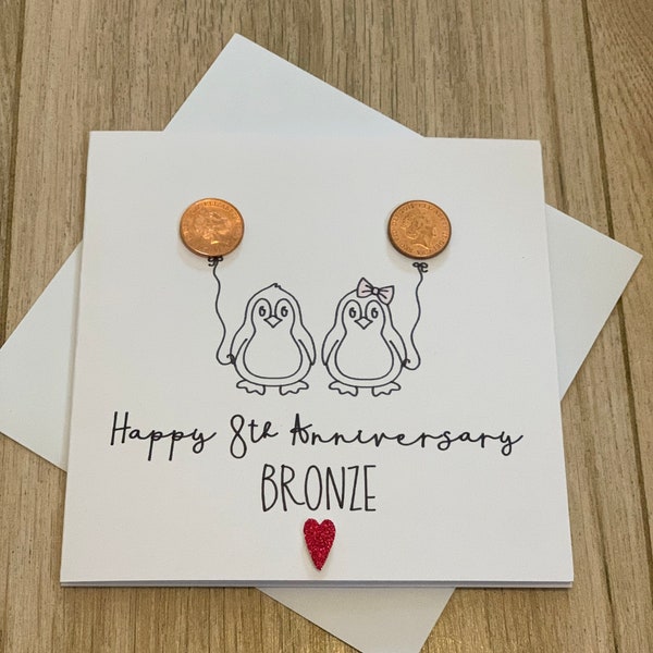 8th eighth Anniversary Card Bronze, Cute penguins