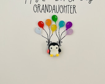 Penguin holding balloons birthday card- Personalised