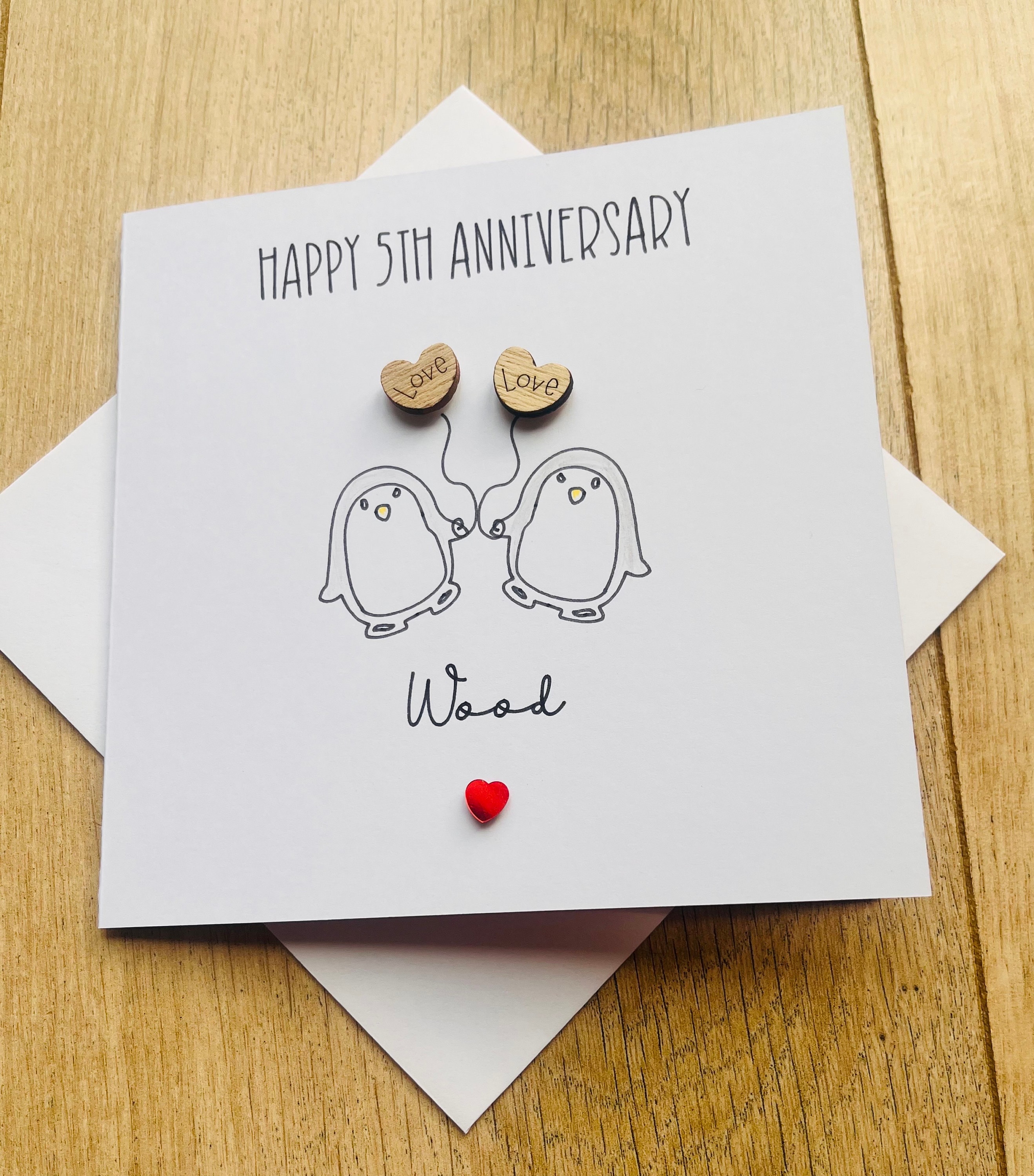 5 Year Wood penguin Anniversary Card