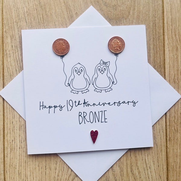 19th Anniversary Card Bronze, Cute penguins