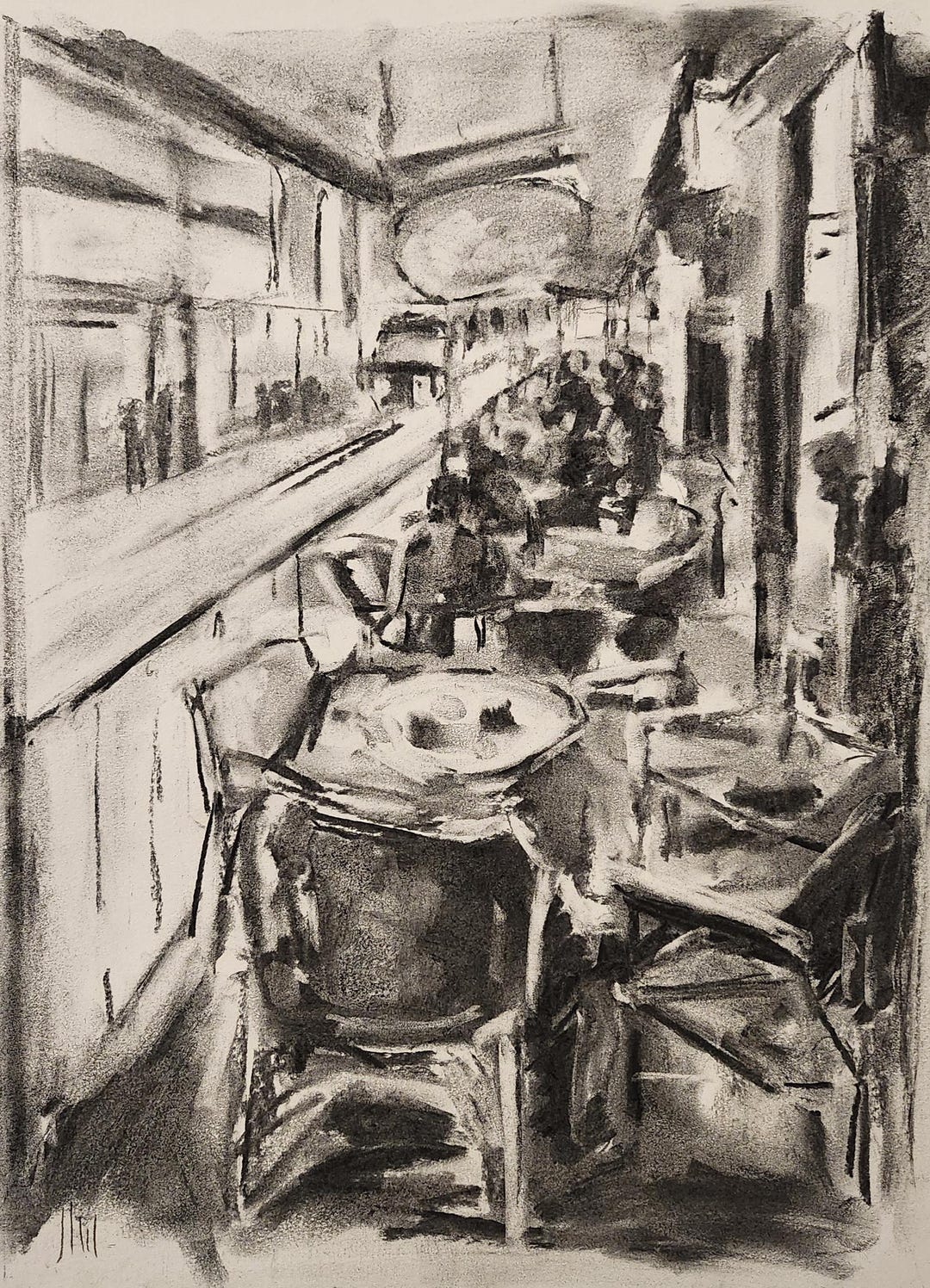 Houston Draw Original Charcoal Drawing: Subway Street Scene, Pub, Metrorail, Houston ...