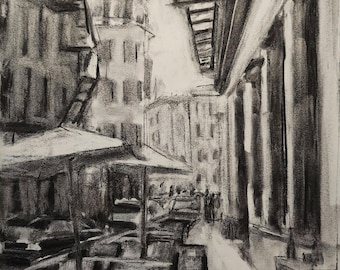 Original Charcoal Drawing, Boston North End Street Scene, Urban Landscape Sketch 11x14