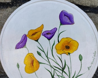 Hand-Painted Decorative Wooden Board with Flowers  – Acrylic Painting.