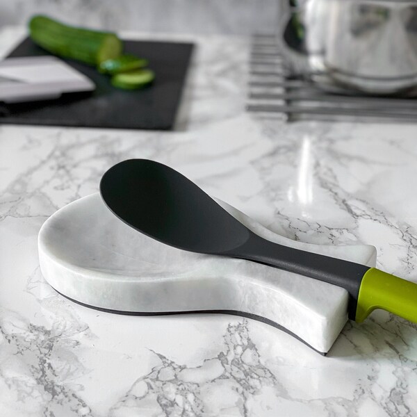 Spoon Rest Handmade Marble White Spatula Fork Ladle Utensil Rest - Non Wood Cooking Spoon Organizer - Top Chef Kitchen Tool Holder (White)