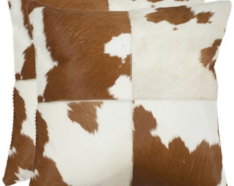 Set of 2 Cowhide Cushion Cover| Hair on Brown white Cowhide Luxurious Cushion/ Pillow cowhide Pillow Cover, Smooth, Cowhide Pillow Set 16x16