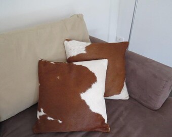 Set of 2 Cowhide Cushion Pillowcases Brown and White decorative cushions  Covers 16 x 16 | Home Decor Cow Cushion Pillow Covers | Sofa Set