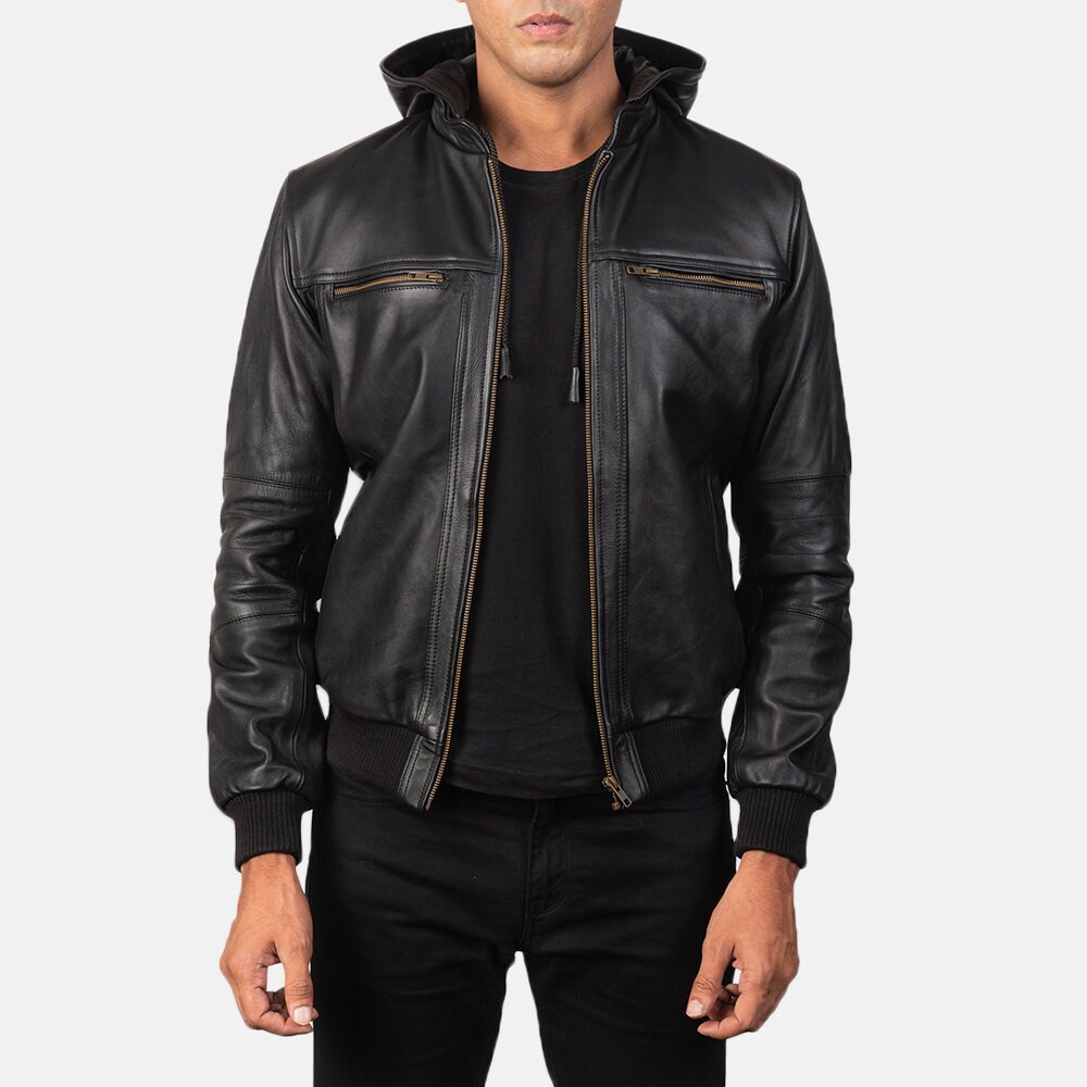 Mens leather hooded clearance jacket