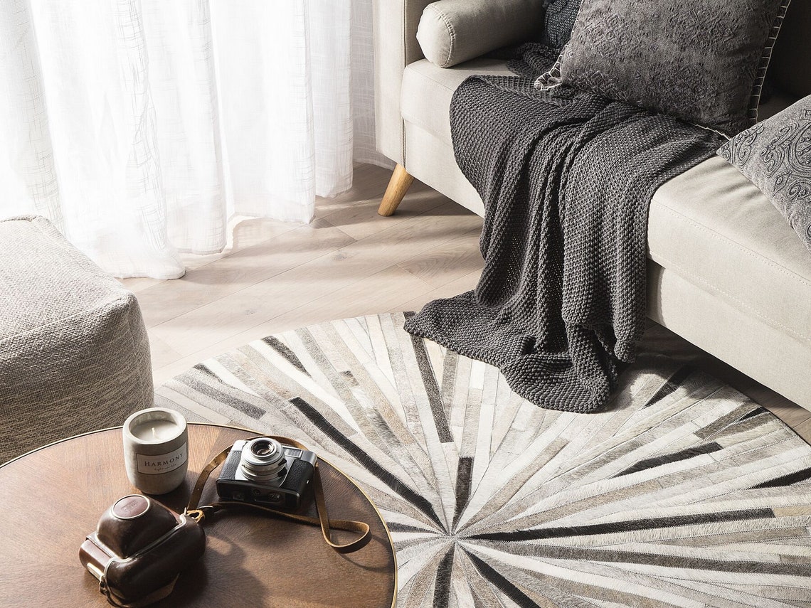 Handmade Grey White Cowhide Patchwork Rug Gray Stripes Round Etsy UK
