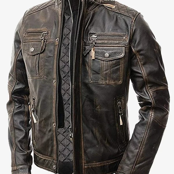 Distressed Black Cafe Racer Motorcycle Handmade Lambskin Real Leather Jacket for Men - Customized Leather Jacket