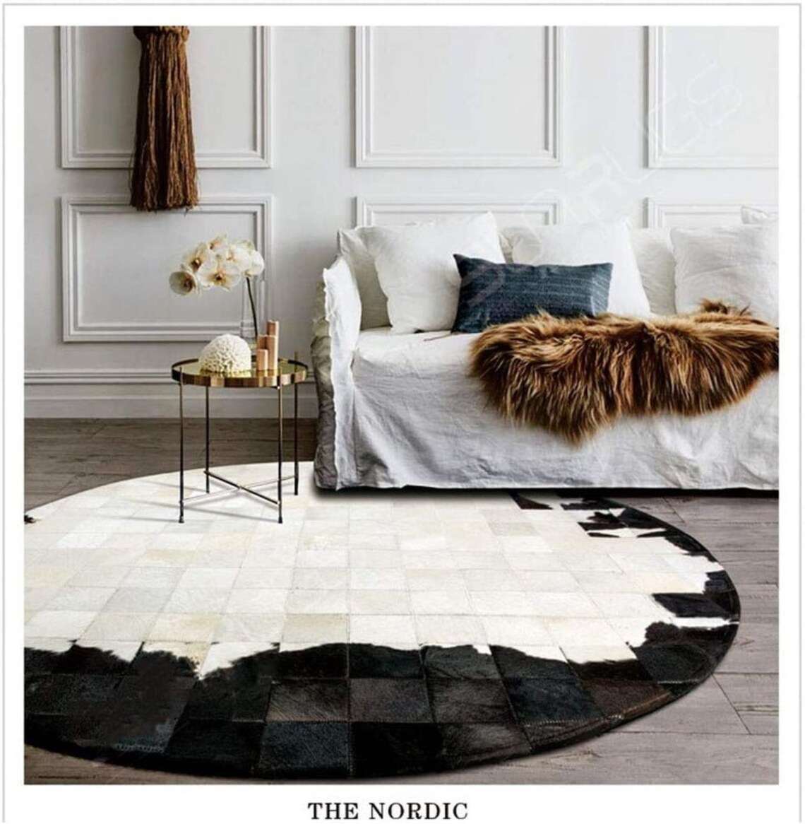 Cowhide Patchwork Rug Round Cow Patchwork Rug Natural White Etsy