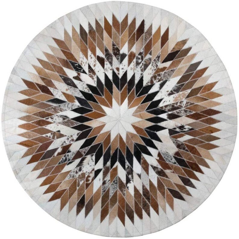 Cowhide Patchwork Rug Round Retro Cow Patchwork Tricolor Etsy