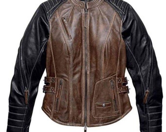 Distressed Brown Triple Vent System Cowhide Motorcycle Leather Jacket for Women