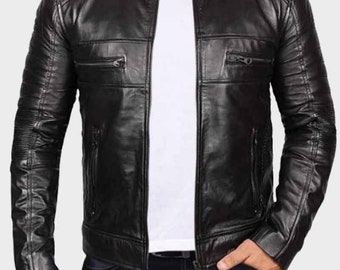 Men's Vintage black Leather Jacket, Real Leather Jacket, Mens Leather Jacket With Band Collar Mens leather Jacket