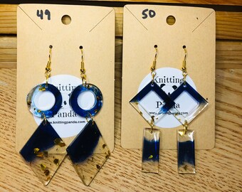 Handmade Resin Earrings, Navy & Gold Leaf Drop Earrings, Dangle Earrings