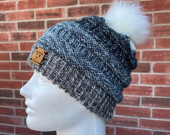 Knit Beanie Hat - Cool Gray Ombre - Faux Fur Pom - Adult Size