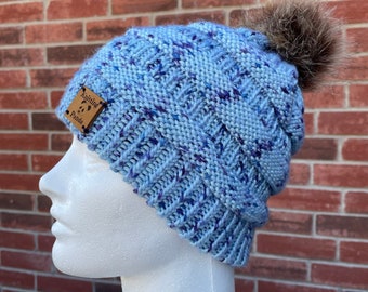 Knit Beanie Hat - Galaxy Blue - Faux Fur Pom - Adult Size