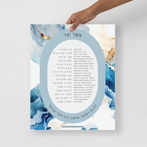 May include: A blue and gold printable poster with Hebrew text that reads "Blessed are you, G-D, our G-D, King of the Universe. Who formed humans with wisdom and created within him many openings and many hollows. It is obvious in the presence of your glorious throne that if one of them were ruptured, or if one of them were blocked, it would be impossible to exist and stand in your presence. Blessed are you, G-D, who heals all flesh and performs wonders." The poster also includes the text "L'chaim L'Refuah Shelema L'chol Cholei Yisrael" which translates to "To life, for a complete healing for all the sick of Israel."