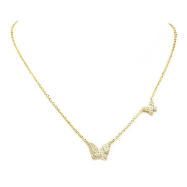 Gold Butterfly Necklace, CZ Butterfly Necklace, Gold Plated, Double Butterfly, Dainty Necklace,