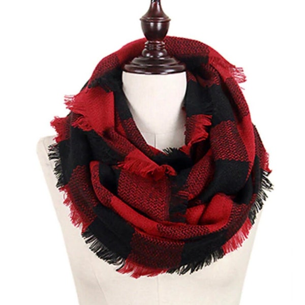 Red & Black Buffalo Check Scarf, Red Plaid Infinity Scarf, Plaid Scarf, Soft Cashmere Feel Infinity Scarf