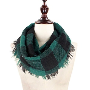 Green & Black Buffalo Check Scarf, Red Plaid Infinity Scarf, Plaid Scarf, Soft Cashmere Feel Infinity Scarf