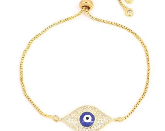 Gold Evil Eye Bracelet, CZ Evil Eye Bracelet, Evil Eye Adjustable Bracelet, Gold Bracelet, Protection Jewelry