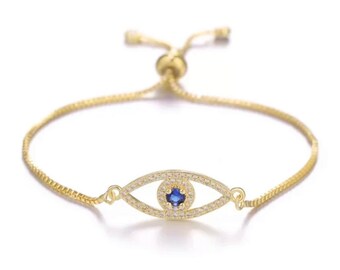 Gold Evil Eye Bracelet, CZ Evil Eye Bracelet, Evil Eye Adjustable Bracelet, Gold Bracelet, Protection Jewelry