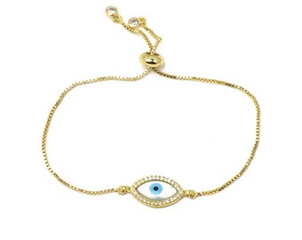 Gold & Mother of Pearl Evil Eye Bracelet, CZ Evil Eye Bracelet, Evil Eye Adjustable Bracelet, Gold Bracelet, Protection Jewelry