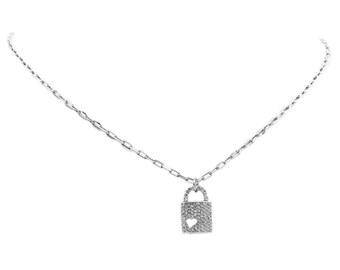 Silver Pave Lock Necklace, White Gold Filled, Heart Necklace, Lock Pendant, Gifts for Her,