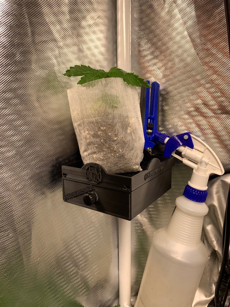 May include: A black plastic plant holder with a small plant in a white fabric pot. The holder has a knob on the front and is attached to a white pole. A clear plastic spray bottle with a blue nozzle is next to the holder.