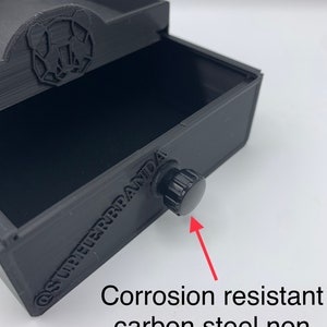May include: A black drawer with a small, black, round knob. The drawer is labeled "SUPERBRAND." The knob is made of corrosion-resistant carbon steel and has a non-slip design.