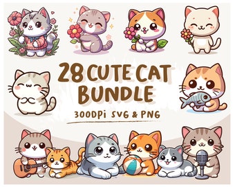 Feline Fun: Cute Cat Clipart Bundle, Kawaii Kittens, Pet Illustrations, Planner Stickers & More! PNG/SVG Included, Commercial Use!