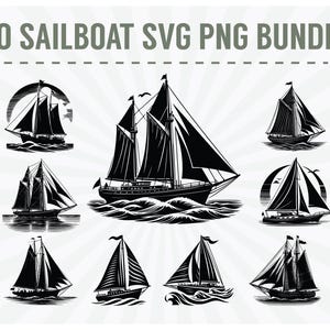 50 個の帆船 SVG バンドル | 航海用ボートのクリップアート | 帆船のシルエット | 海洋ヨットのベクター | 商用利用デジタル ダウンロード