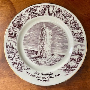 Vintage Yellowstone National Park Souvenir Plate: Old Faithful, Cabin Decor, made in Japan