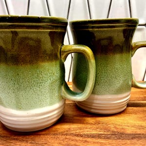 Vintage Pair of Wenlock Pottery Coffee Mugs – Green Ombre Stoneware – Made in England