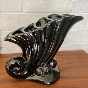 May include: A glossy black ceramic vase with a unique, sculptural design. The vase features a swirling, shell-like shape with a rounded base and a flared opening. The surface reflects light, highlighting the curves and details of the piece.