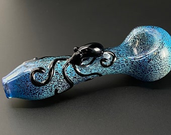 Glass Octopus Pipe - Blue & Black Hand blown Smoking Pipe - Glass Octopus Bowl - Tobacco Pipe - Pipe for Smoking - Blown Glass Squid Bowl