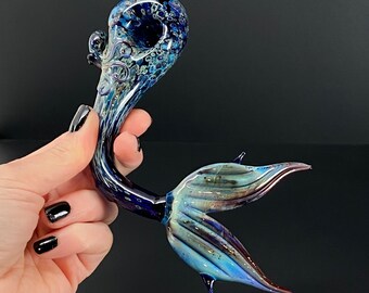 Mermaid Tail Pipe with Octopus Glass - Black & Purple Hand blown Smoking Pipe - Glass Bowl - Tobacco Pipe - Mermaid Bowl - Sea Witch