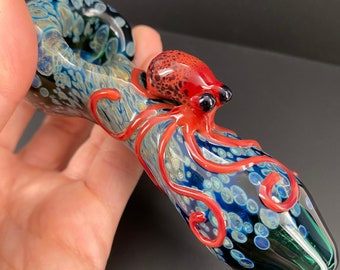 Hand Blown Glass Octopus Pipe – Red & Teal Borosilicate Bowl