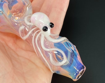 Hand Blown Glass Octopus Pipe - Color Changing, Pink & White