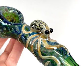 Hand Blown Octopus Glass Pipe - Green & Gold, Tobacco Bowl
