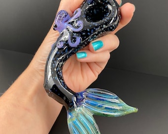 Mermaid Tail Glass Pipe with Octopus – Hand Blown, Black & Purple