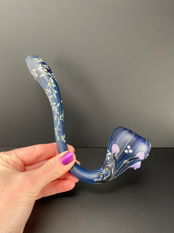 Floral Sandblasted Sherlock Pipe Matte Glass Flowers and Vines - Hand blown Smoking Pipe - Glass Bowl - pink orange blue fantasy fairy