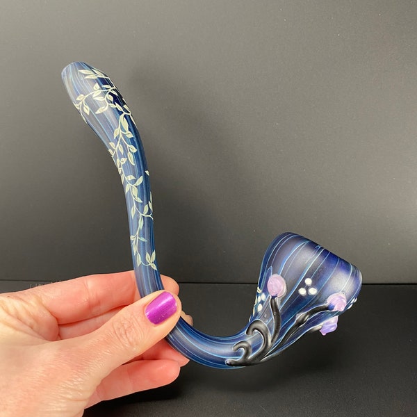 Floral Sandblasted Sherlock Pipe Matte Glass Flowers and Vines - Hand blown Smoking Pipe - Glass Bowl - pink orange blue fantasy fairy