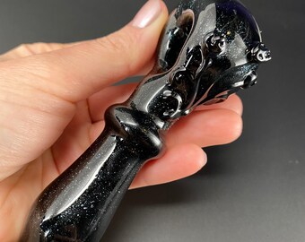 Glittery Black Glass Pipe with flowers -Hand blown Smoking Pipe - Glass Bowl - Tobacco Pipe - Pipe for Smoking - Blown Glass Pipe - American