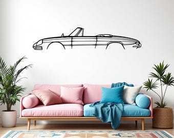 May include: A black metal wall art piece featuring the minimalist outline of a classic convertible sports car. The design captures the side profile of the vehicle, including the windshield, body lines, and bumper, presented as a continuous line.