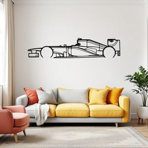 May include: A black metal wall art piece featuring a minimalist outline of a Formula 1 race car in profile. The design captures the aerodynamic shape of the vehicle, including the front wing, cockpit, side pods, and rear wing, rendered in a single line.