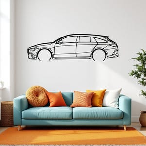 May include: A black and white line drawing of a car on a white wall. The car is a wagon style with a sleek design. The car is centered on the wall and is the only object in the image.