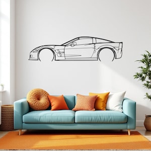 Corvette C6 ZR1 Art mural détaillé silhouette de voiture, décoration murale de voiture en métal, cadeau pour les amateurs de voiture, cadeau voiture pour lui, cadeau garagiste